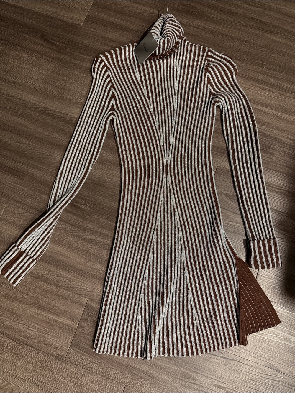 Hanifa Brown and Silver Striped Turtleneck Mini Dress
